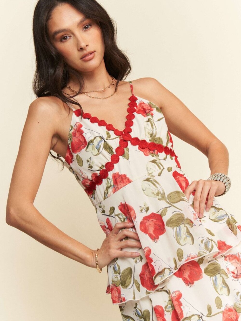 Davi & Dani Cami Tiered Ruffle Layered Red Dress